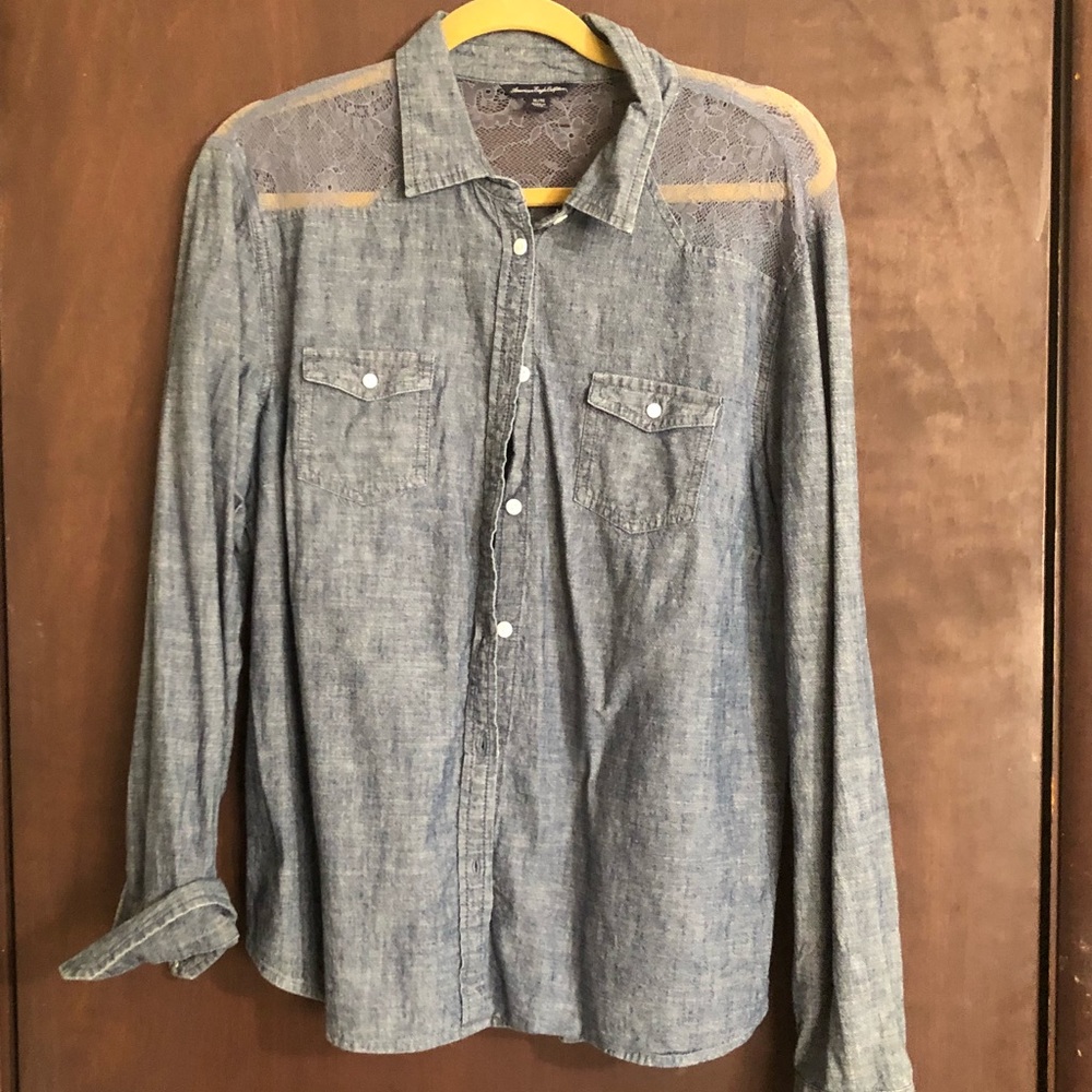 AE Chambray button up with lace shoulders